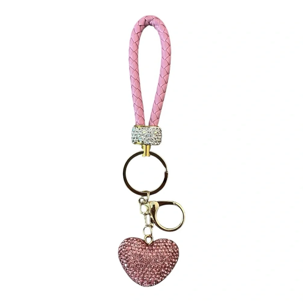NEW Pink Heart Crystal Rhinestone Bling Car Keychain with Gold Accents